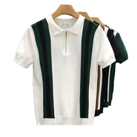 Contrast Color Lapels Half Zipper Knitted Short Sleeve thumbnail 2