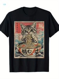 1pc Kawaii Cat Ramen Anime T Shirt For Men Fabric thumbnail 2
