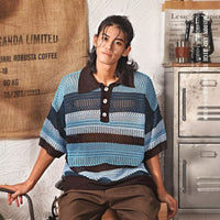 Color-block Striped Hollow-out Knit Retro Lapel T-shirt thumbnail 1