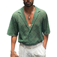 Fashion Mens Clothing Men's Hollow-out Breathable Short-sleeved Lapel Casual Shirt thumbnail 3