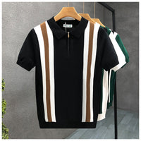 Contrast Color Lapels Half Zipper Knitted Short Sleeve thumbnail 3