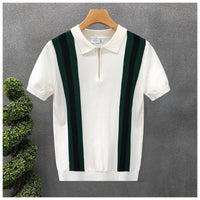 Contrast Color Lapels Half Zipper Knitted Short Sleeve thumbnail 6
